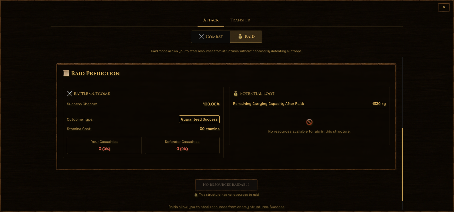 Raiding interface showing an army preparing to raid a structure